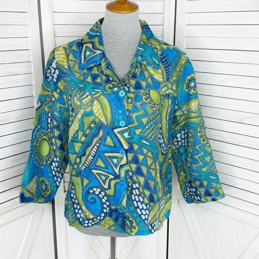 Toni Morgan Abstract Art Button Up Shirt Blue Green Large Linen Blend